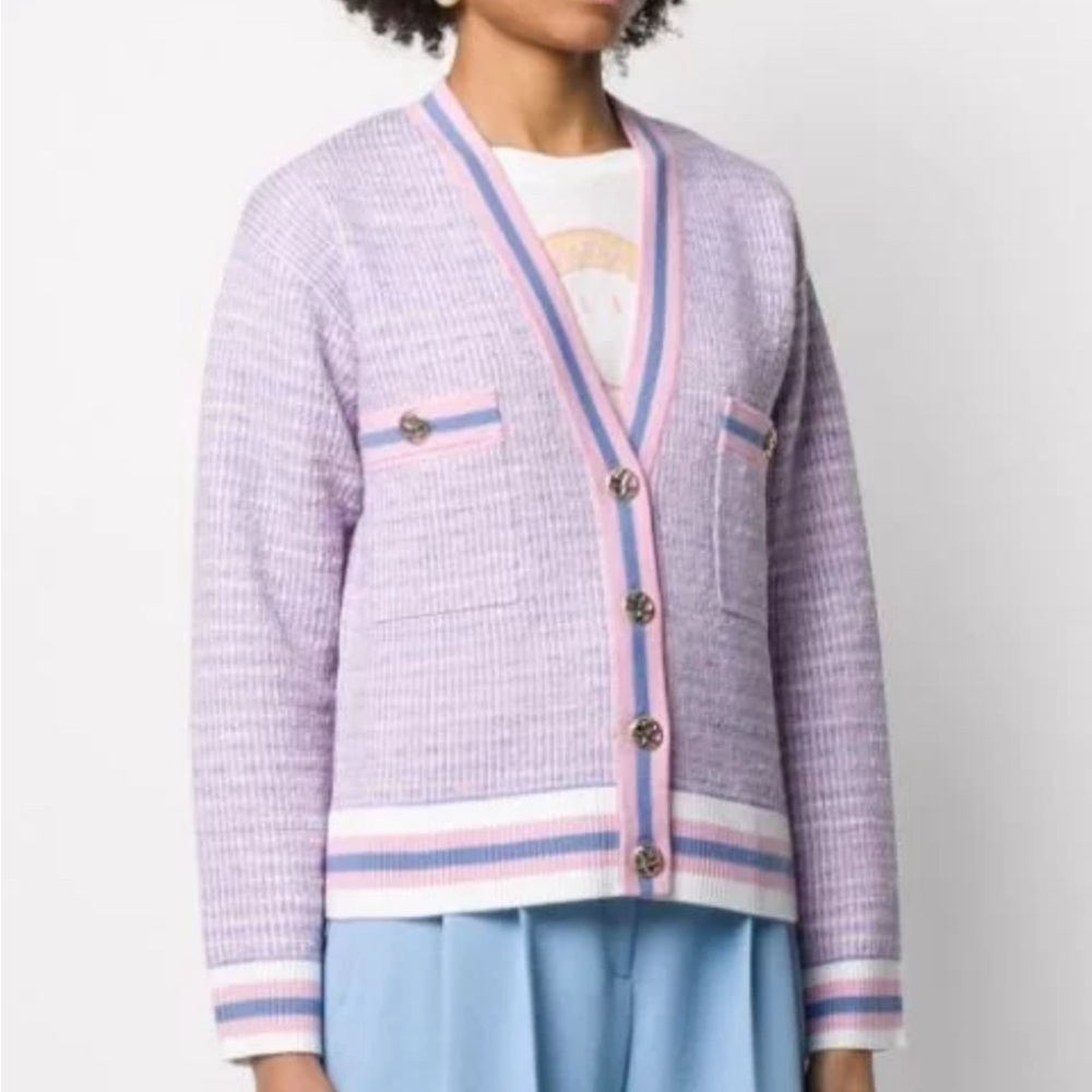 Sandro Tweed Cardigan - Blue and Pink - Gold Button Hardware